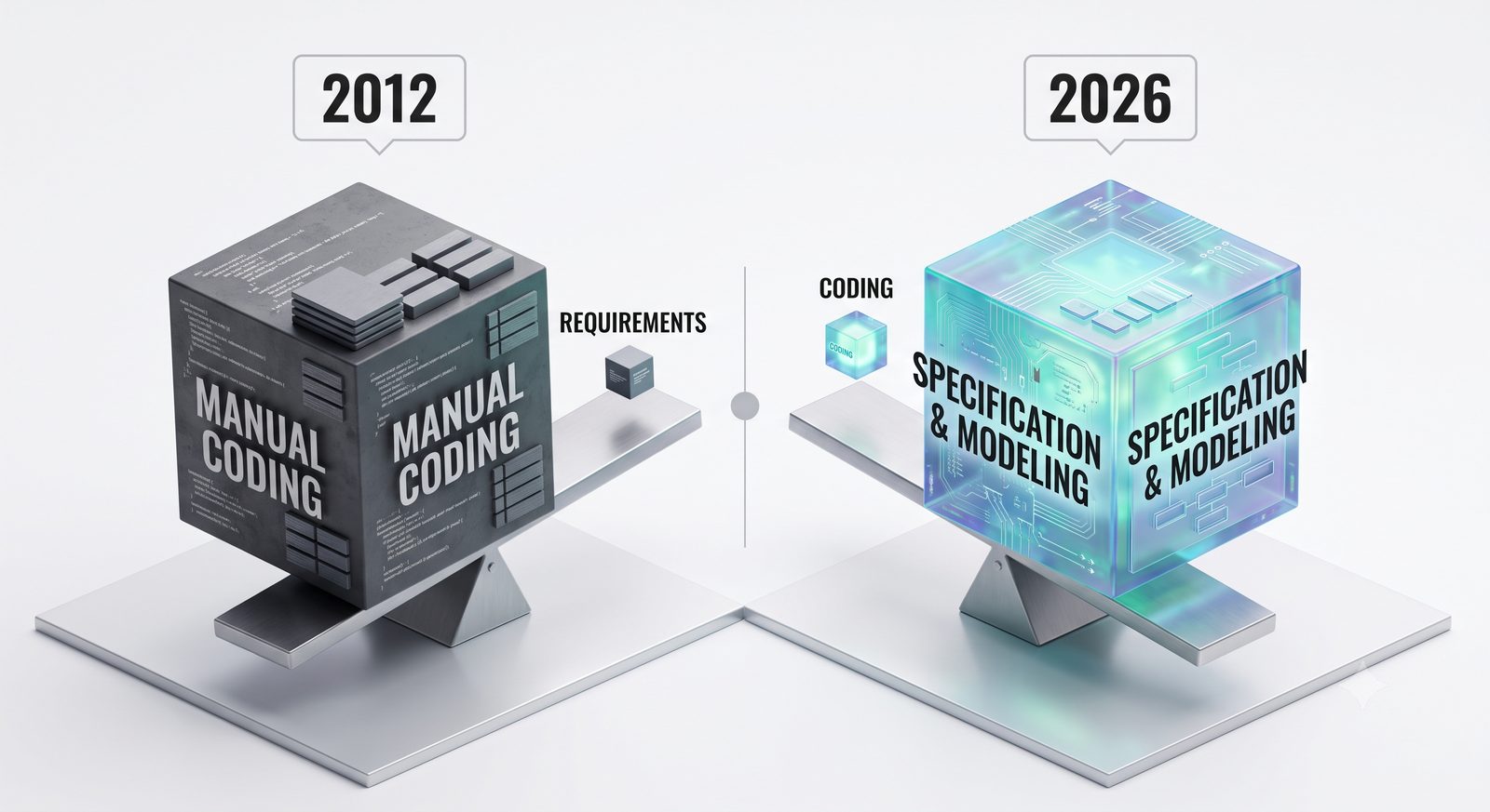 2012 vs 2026: in 2012 manual coding outweighed requirements; in 2026 the scale flipped — specification & modeling is the heavy cube, coding the small one
