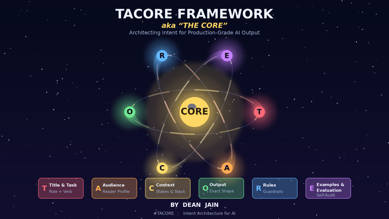 TACORE The CORE framework for architecting intent: Task, Audience, Context, Output, Rules, Examples